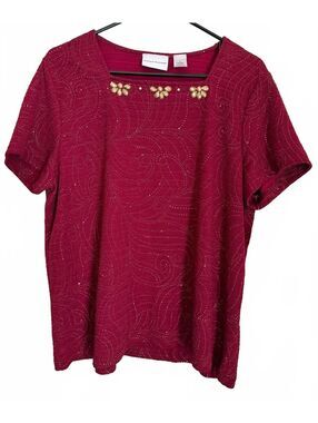 Alfred Dunner Women's New Blouse Size Medium Merlot Red Wine Gold Retro Floral